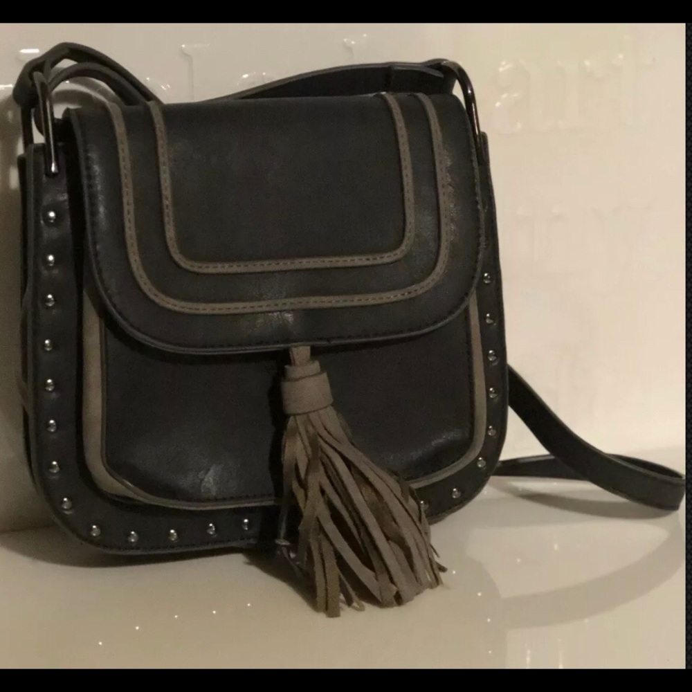 Liz Soto Black Gray Trim .Tassel and Stud Handbag